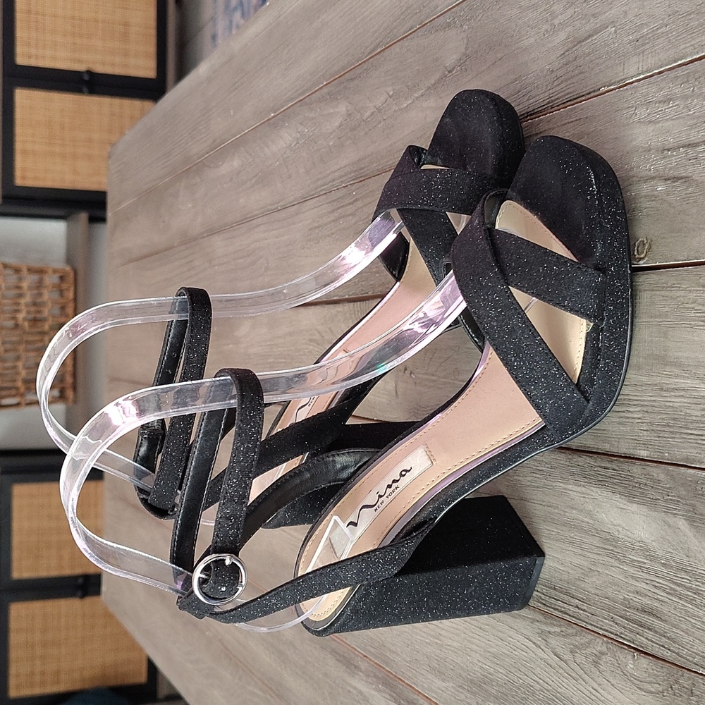 Nina Sheila Ankle Strap Sparkle Platform Heels In Black Size Woman's 6.5